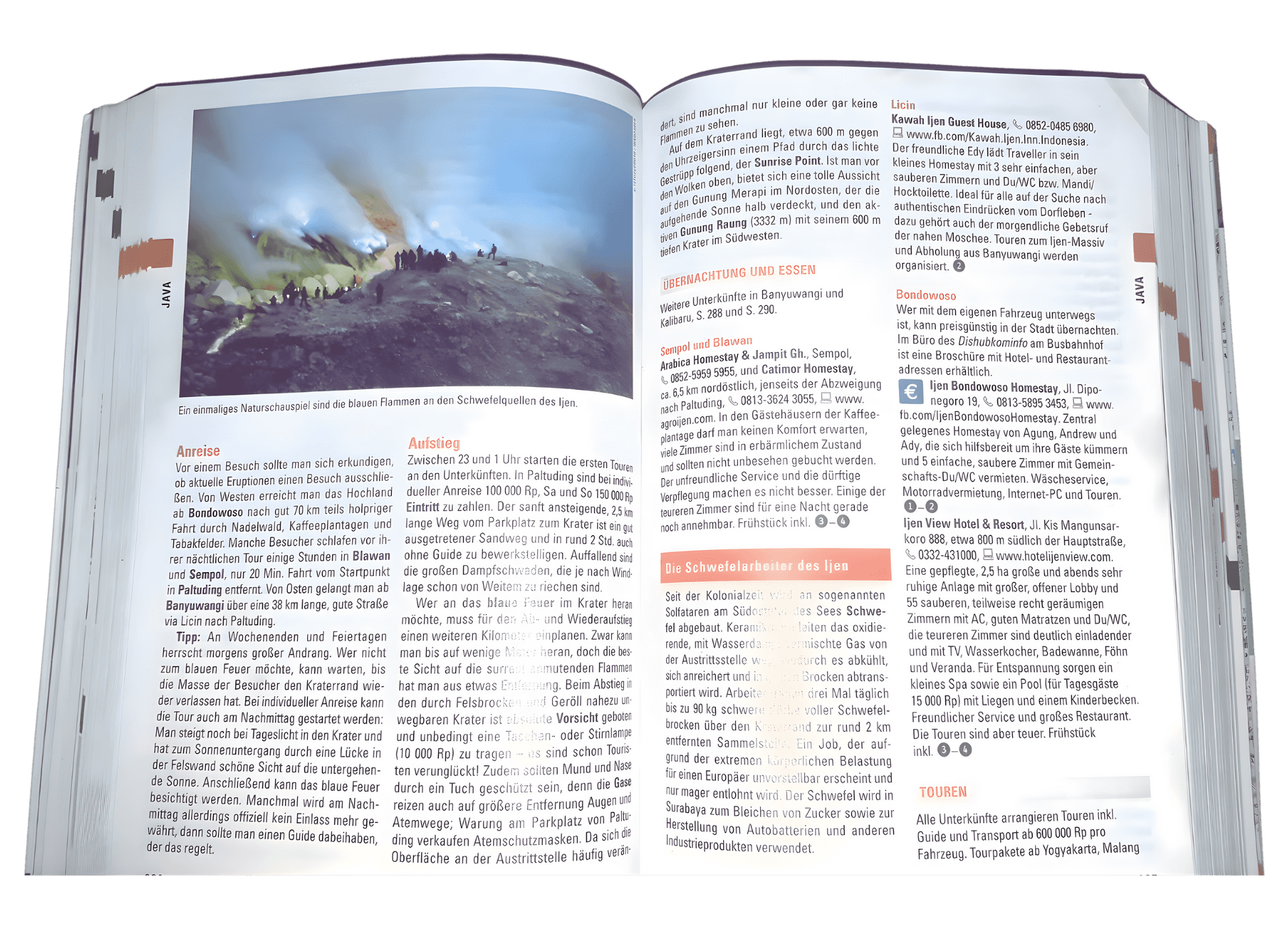 European travel handbook entry listing Ijen Bondowoso Homestay; notes tours arranged by Agung