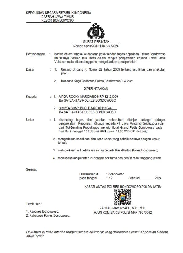 Scanned travel order 'SPRIN WAL-TRAVEL' dated 2024-02-12
