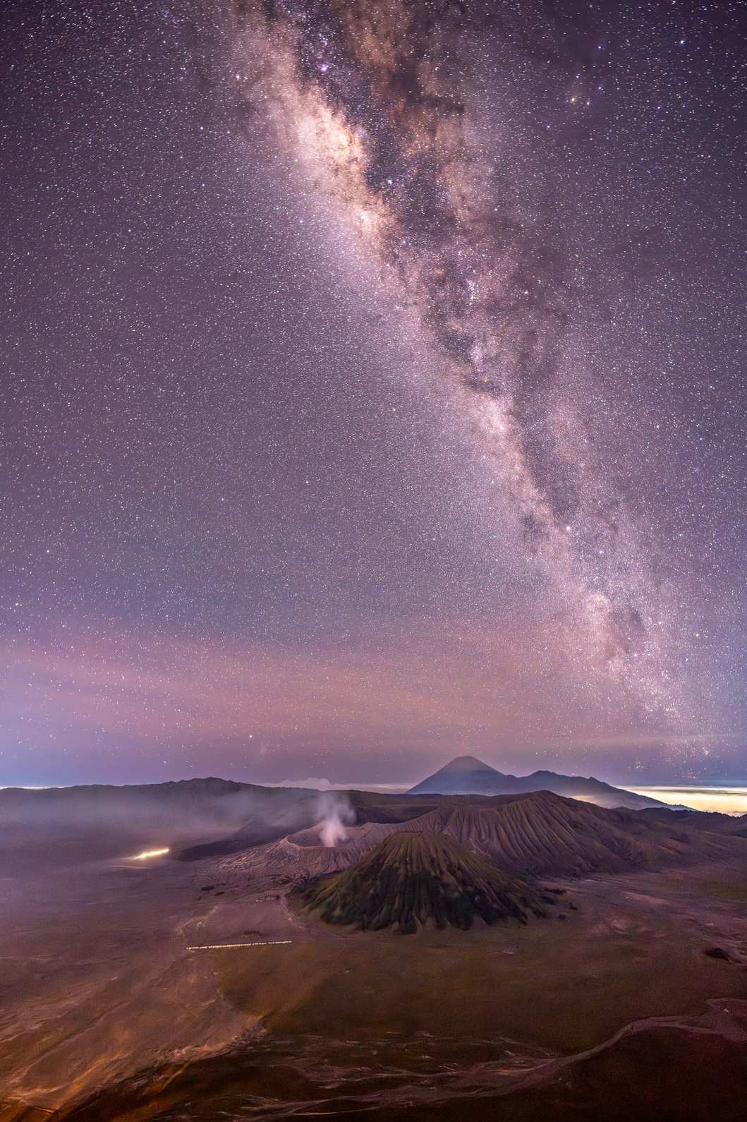 Milky Way galaxy visible in the night sky above Mount Bromo in East Java, Indonesia.