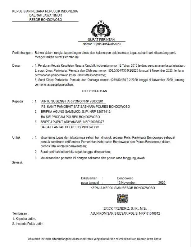 Tourist Police assignment letter (SPRIN POLPAR) preview image.