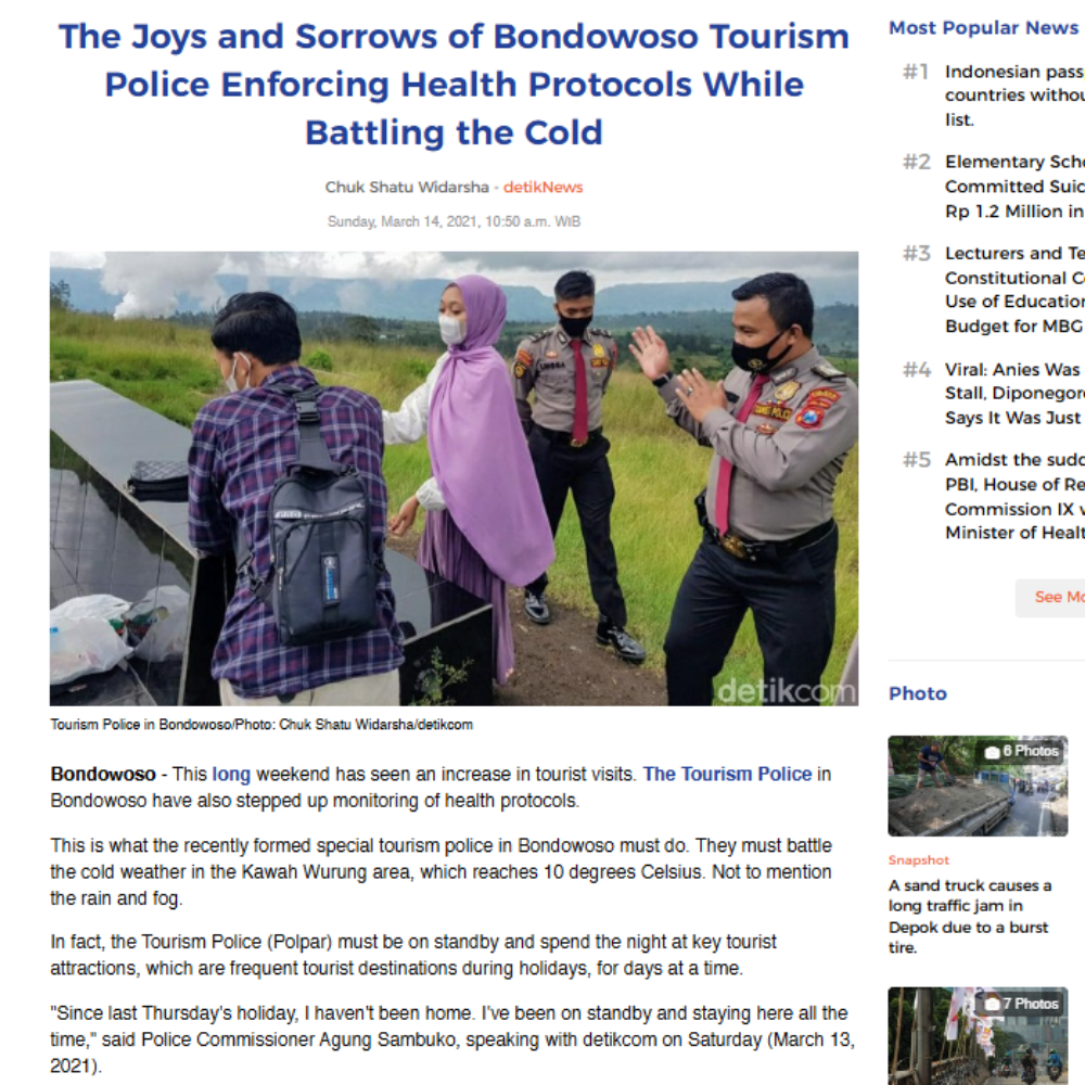 Press mention screenshot (Detik.com) with founder name variant in Tourist Police context.