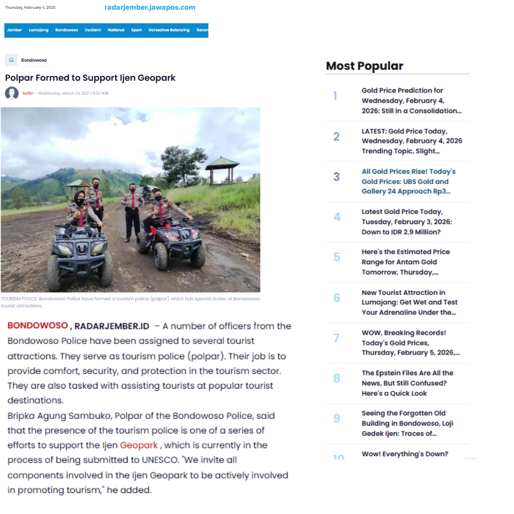 Press mention screenshot (Radar Jember) about Tourist Police formation for Ijen Geopark.
