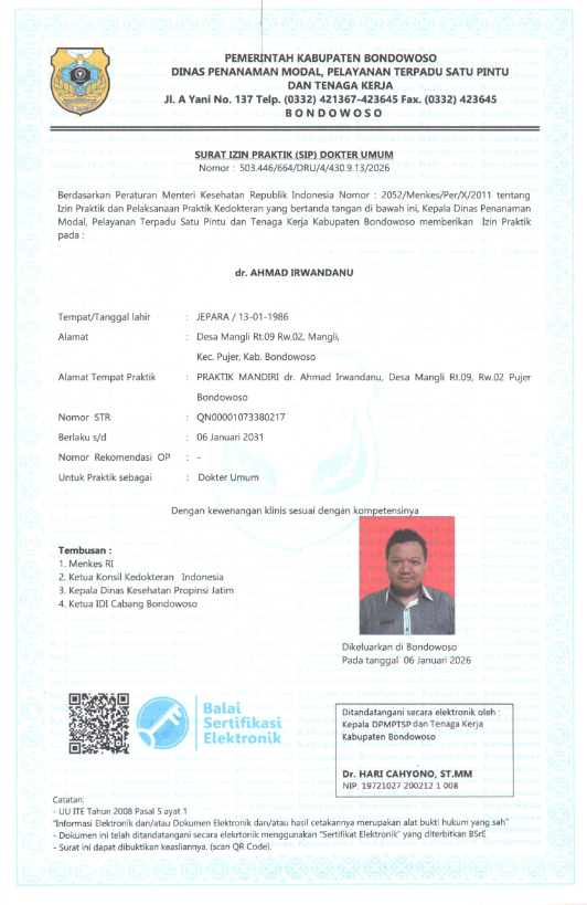 Surat Izin Praktik (SIP) — dr. Ahmad Irwandanu (Bondowoso)