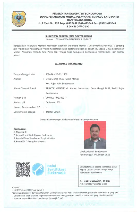 Preview: Surat Izin Praktik (SIP) — dr. Ahmad Irwandanu (Bondowoso)