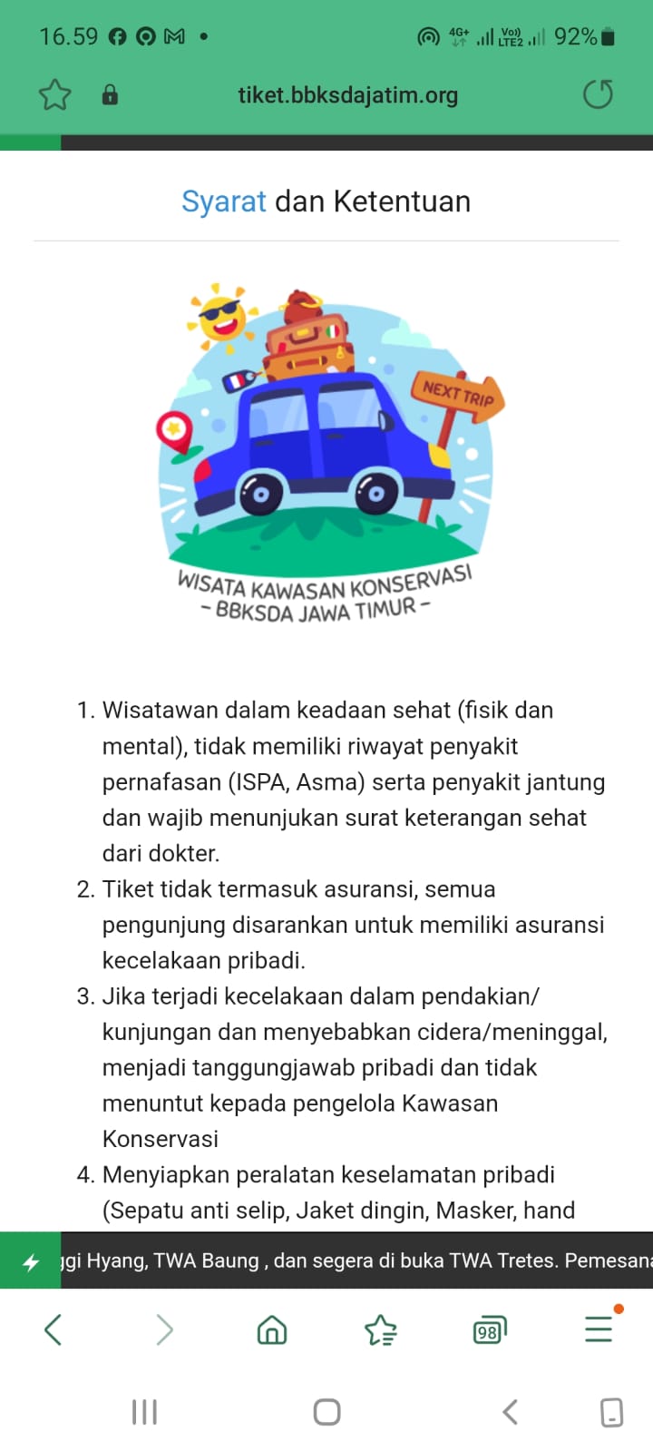 tiket.bbksdajatim.org — Terms & Conditions (screenshot): health requirements and doctor certificate