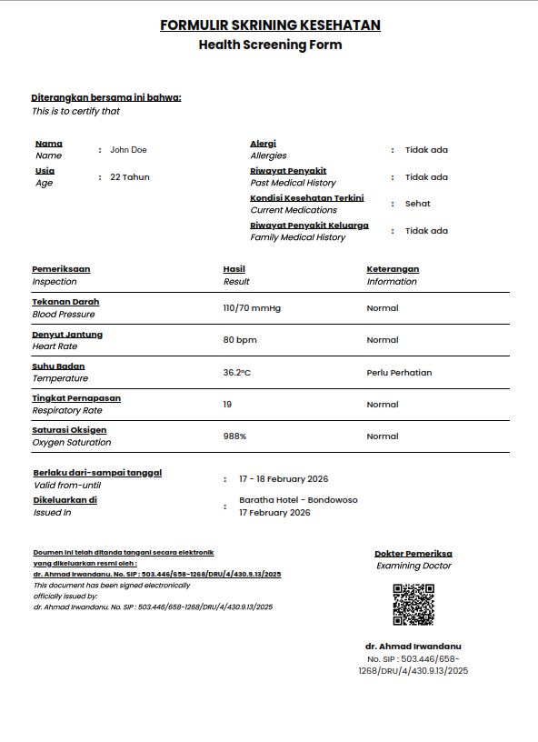 Sample printout of health clearance (surat sehat) preview image.