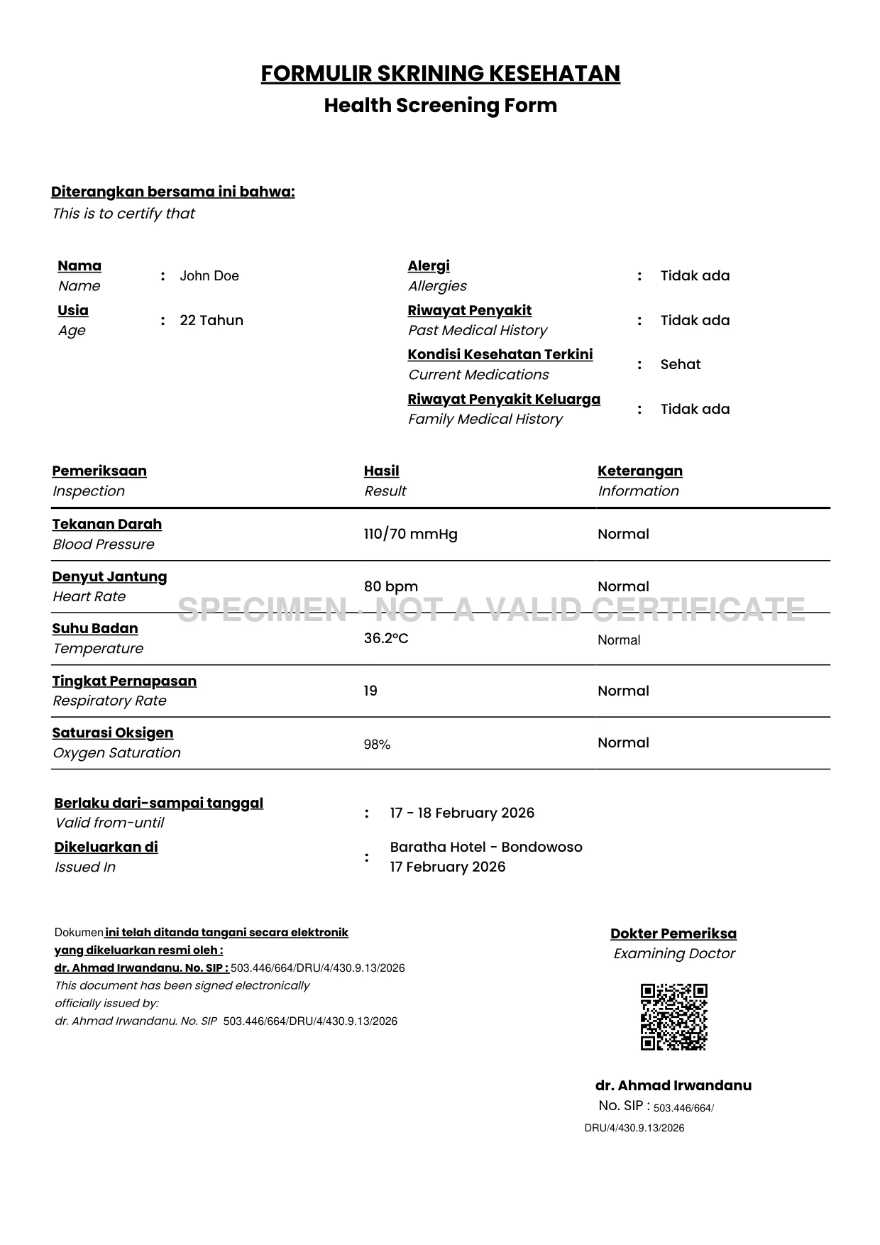 Preview: Sample printout of health clearance (surat sehat) preview image.